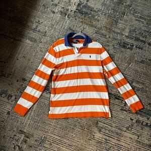 Ralph Lauren Orange, White & Navy Striped Rugby Polo -Size Medium Mens